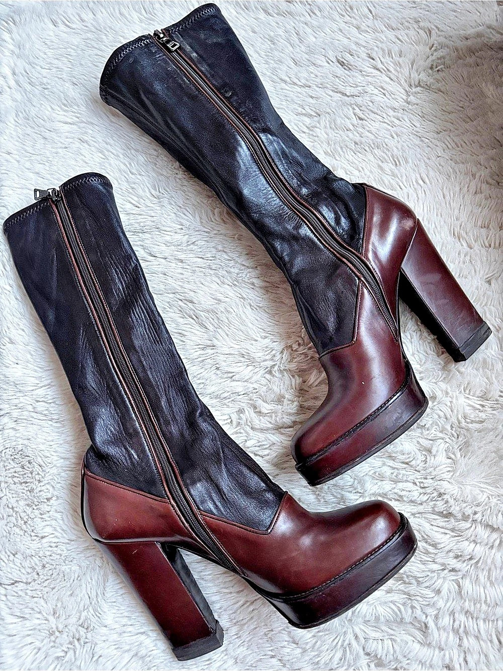 Prada Platform Stretch Leather Mid-Calf Boots, Two-Tone Brown, Size 38.5,+ Box